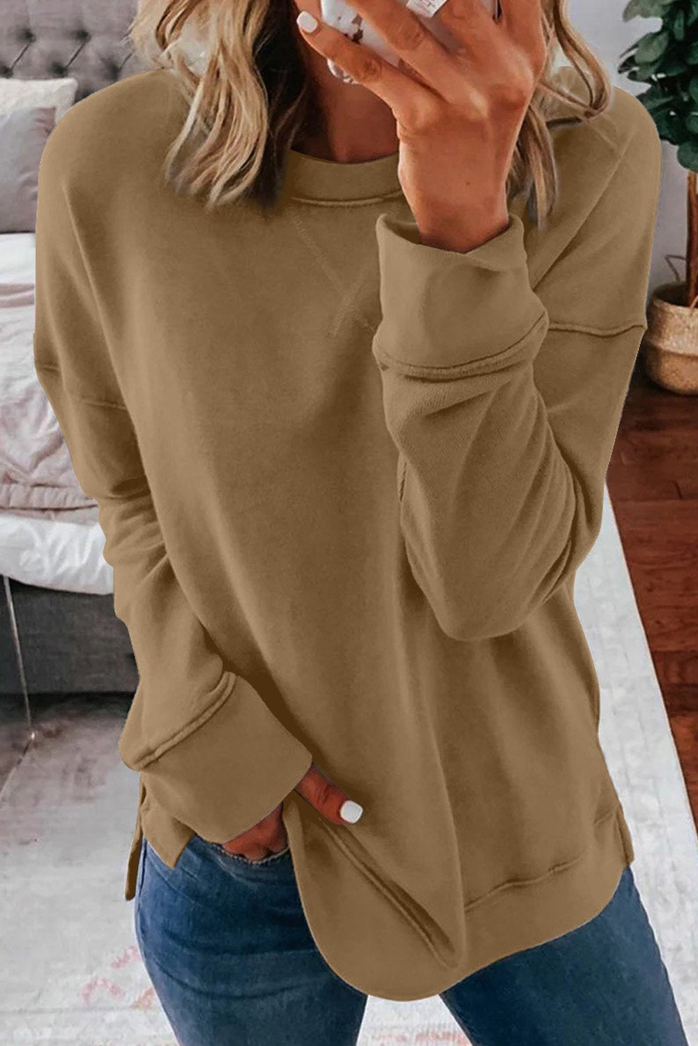 Khaki Crew Neck Long Sleeve Sweatshirt