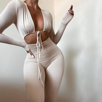 Autumn Long Sleeve Jumpsuits Cut out Lace up Bodycon Solid  High Waist