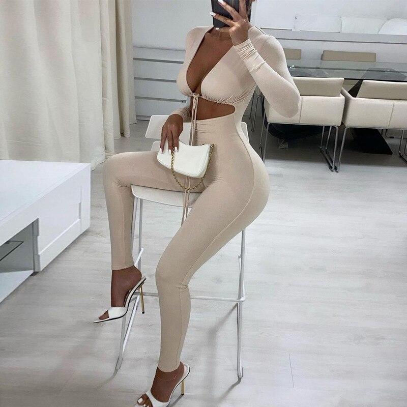 Autumn Long Sleeve Jumpsuits Cut out Lace up Bodycon Solid  High Waist