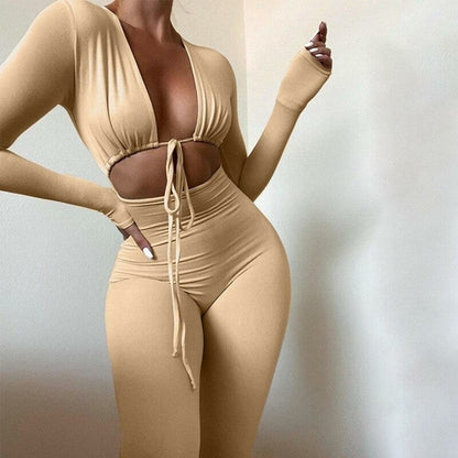 Autumn Long Sleeve Jumpsuits Cut out Lace up Bodycon Solid  High Waist