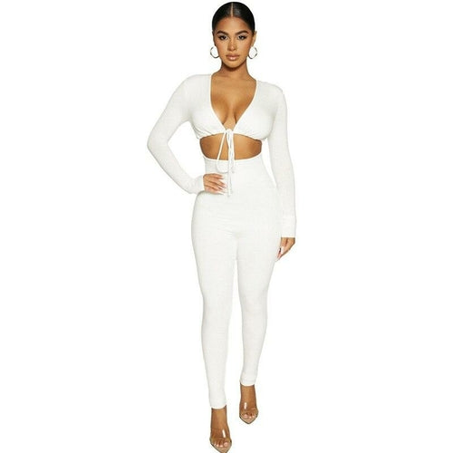 Autumn Long Sleeve Jumpsuits Cut out Lace up Bodycon Solid  High Waist